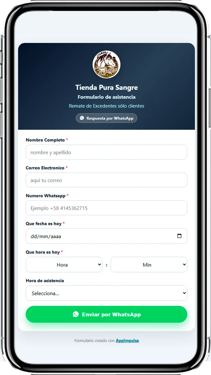 Formulario digital de ejemplo que envía las respuestas por WhatsApp, creado con AppImpulsa