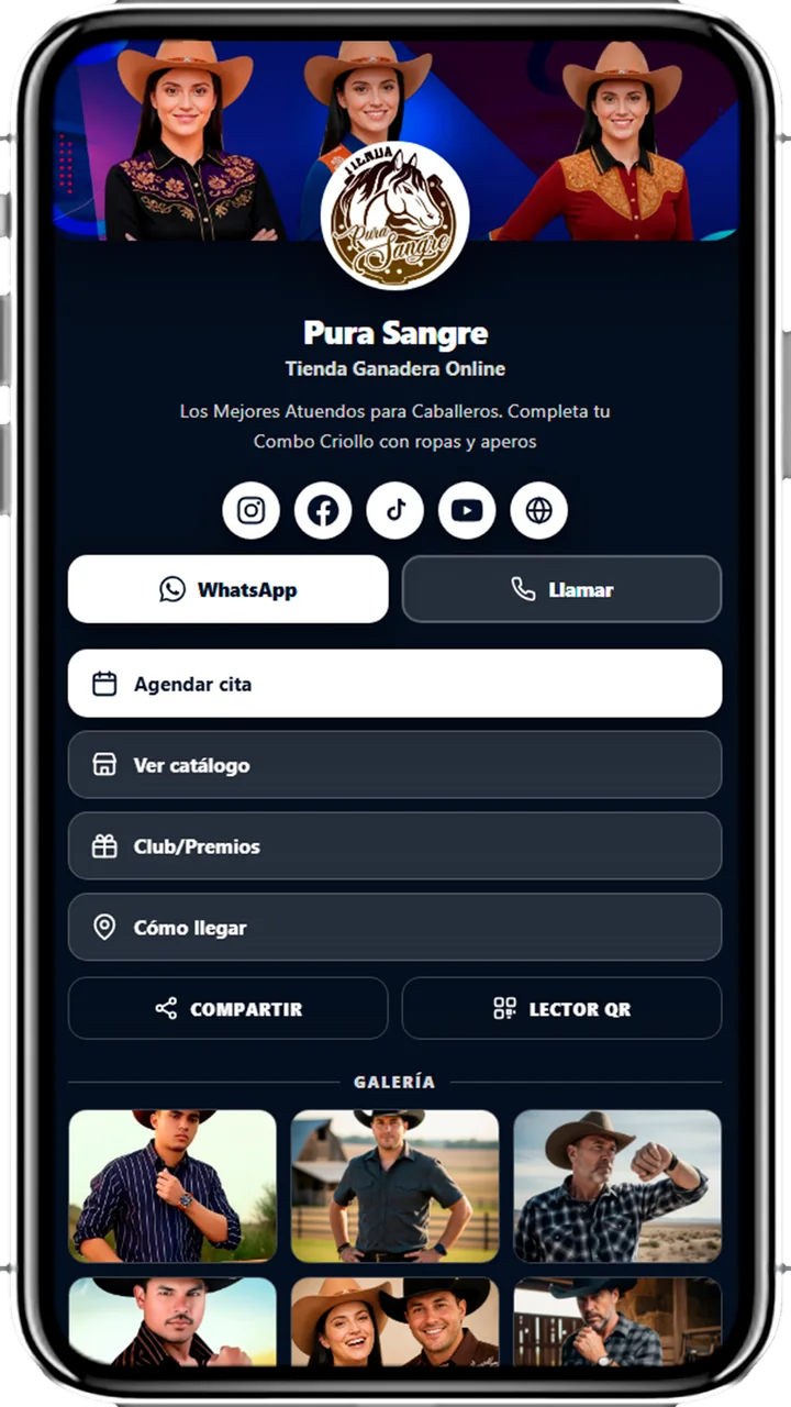 Tarjeta bio digital de ejemplo con enlaces, redes sociales y catálogo, creada con AppImpulsa
