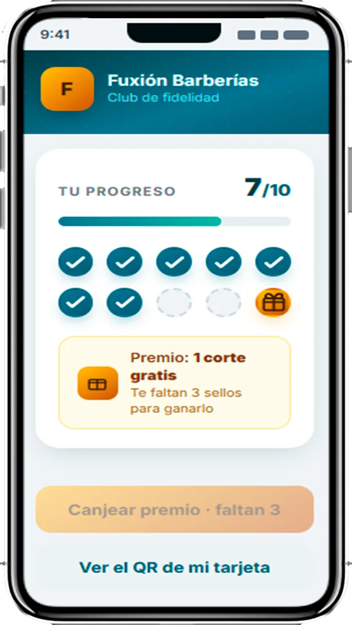 Tarjeta de fidelización digital de ejemplo con sellos y premios, creada con AppImpulsa